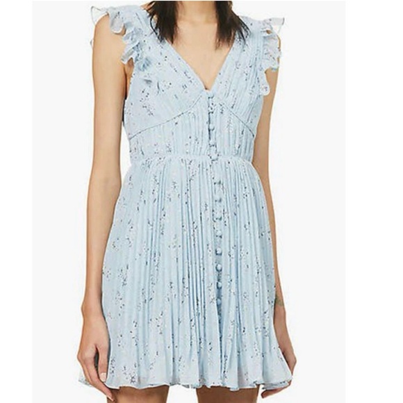 Avantlook Dresses & Skirts - AVANTLOOK Light Blue Floral Pleated Mini Dress V-Neck Ruffle Sleeveless NWT M